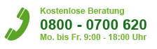 Kostenlose Beratung: 0800 - 0700 620 (Mo. bis Fr. 9:00 bis 18:00 Uhr)