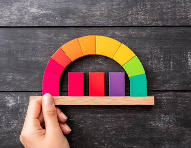 Eine Hand hält ein buntes Halbkreis-Diagramm aus Holz, das von Rot über Gelb zu Grün verläuft. In der Mitte stehen vier unterschiedlich hohe Balken. Die Szene symbolisiert die Überprüfung der Bonität, also der Kreditwürdigkeit einer Person oder eines Unternehmens.
