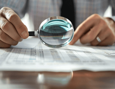 Eine Person mit Hemd und Krawatte hält eine Lupe über ein Zahlen- und Tabellenblatt auf einem Schreibtisch. Die Szene symbolisiert die sorgfältige Prüfung der Kreditwürdigkeit, also der finanziellen Zuverlässigkeit eines potenziellen Kreditnehmers.