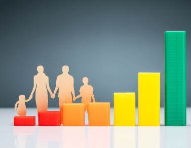 Papierfiguren einer Familie stehen auf farblich abgestuften Balken in Rot, Orange, Gelb und Grün, die ansteigend angeordnet sind. Die Szene symbolisiert die Entwicklung und den Anstieg von Lebenshaltungskosten im Verlauf des Familienlebens.