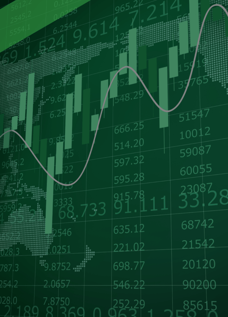 Grüne Finanzgrafik mit Kurven- und Balkendiagrammen sowie weltweiter Kartenprojektion im Hintergrund. Die Szene symbolisiert internationale Finanztransaktionen und den Verkauf von Forderungen im Rahmen einer Forfaitierung.