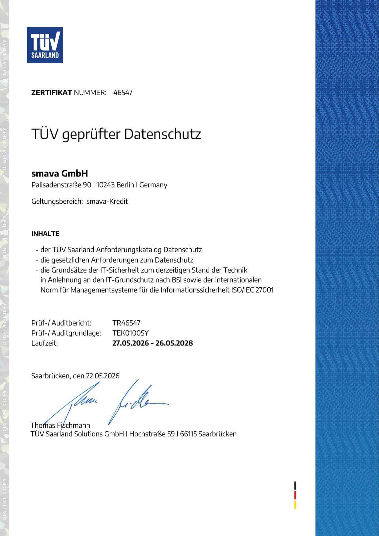 TÜV-Zertifikat geprüfter Datenschutz 2026 der smava GmbH – Laufzeit 27.05.2026 bis 26.05.2028