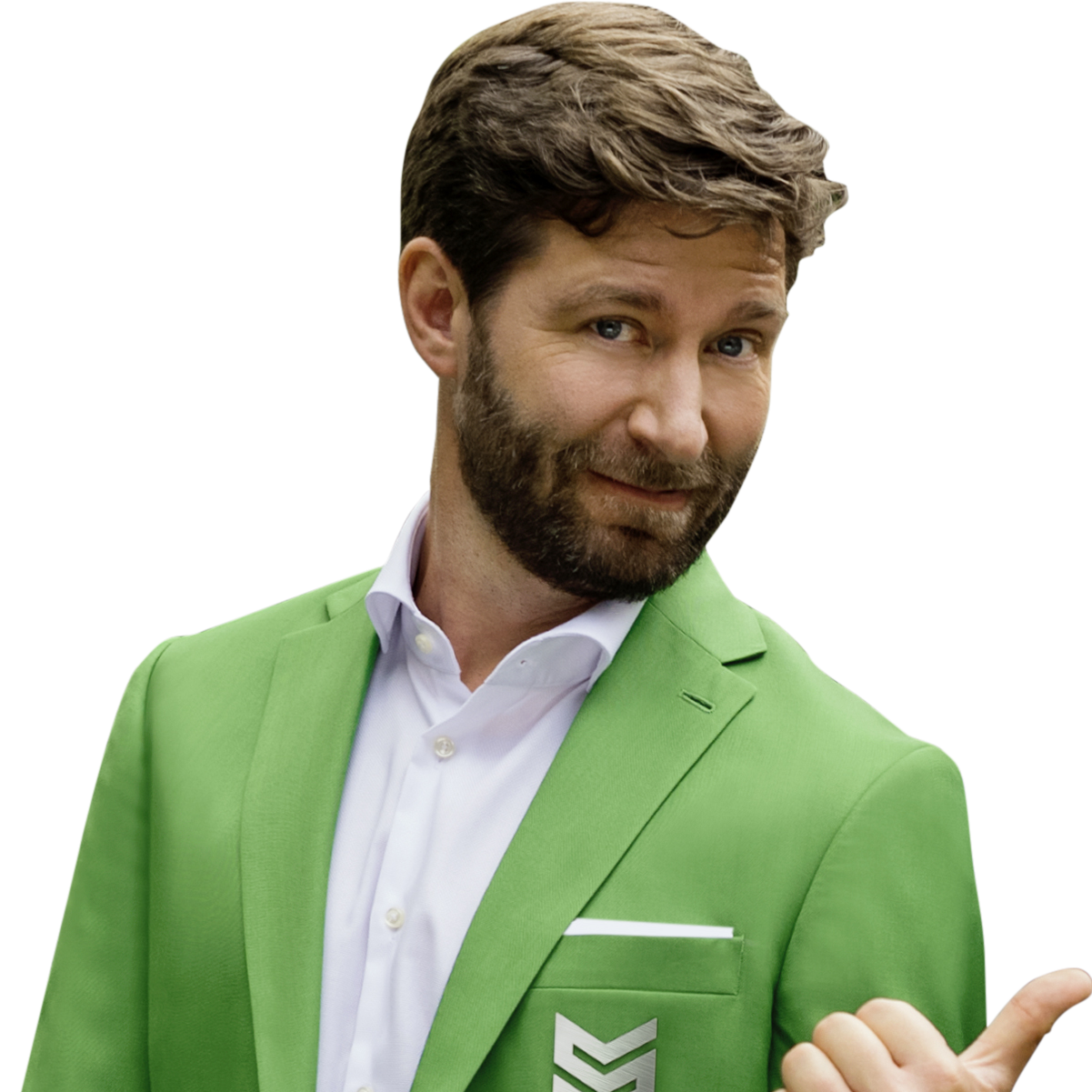 smava-Hero im markentypischen grünen Sakko