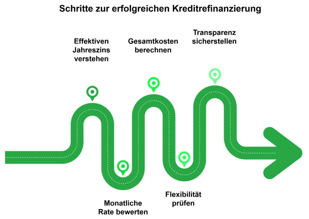 Grafik einer Prozessstrecke mit mehreren Meilensteinen, die die einzelnen Schritte einer Kreditrefinanzierung visualisiert.